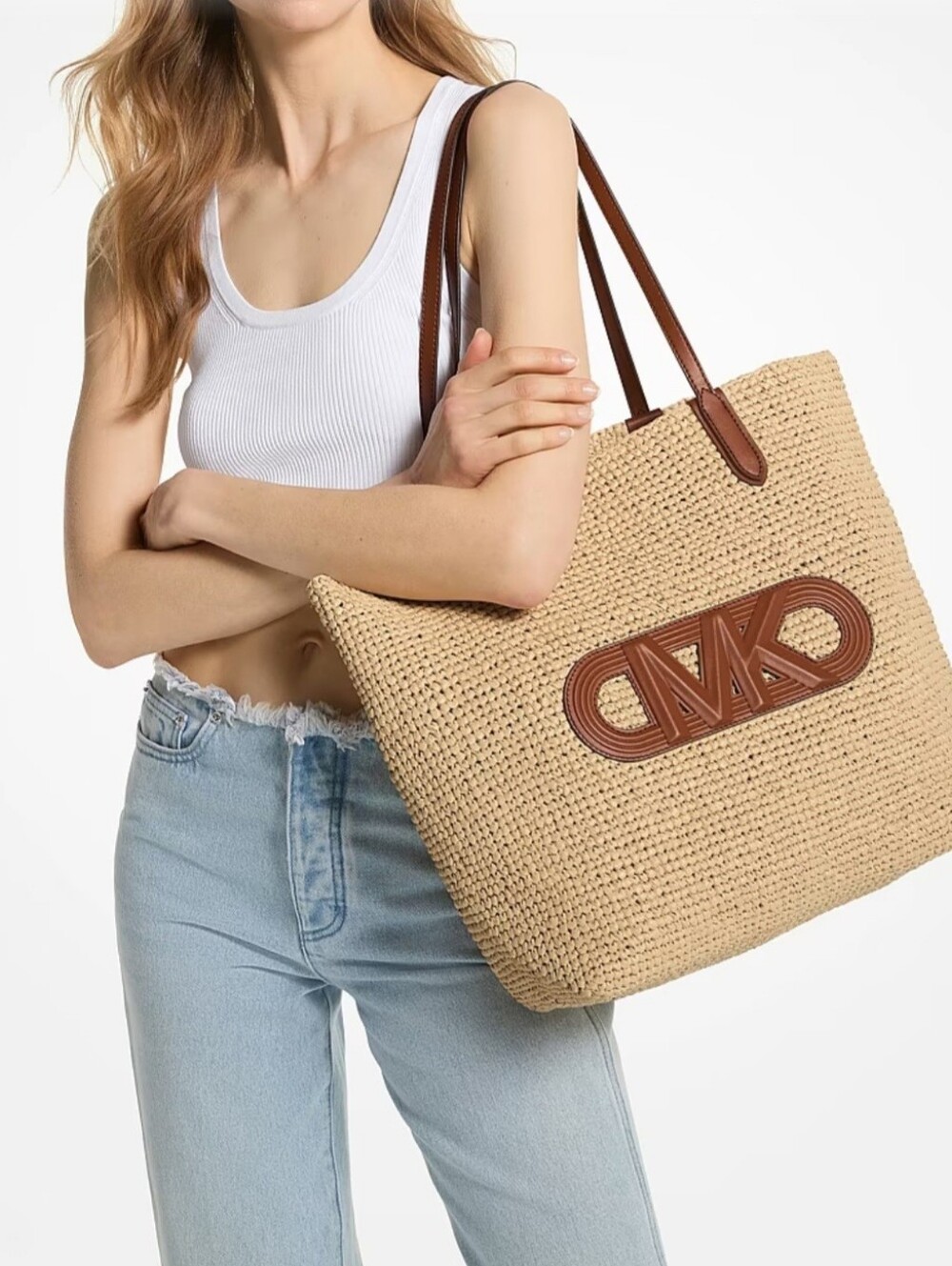 MICHAEL Michael Kors liza Extra-Large Empire Logo Straw Tote